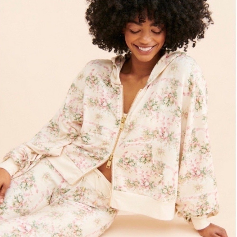 Selkie x Free People Zip-Up All Day Pillow Ivory Floral Hoodie Jacket Size Small